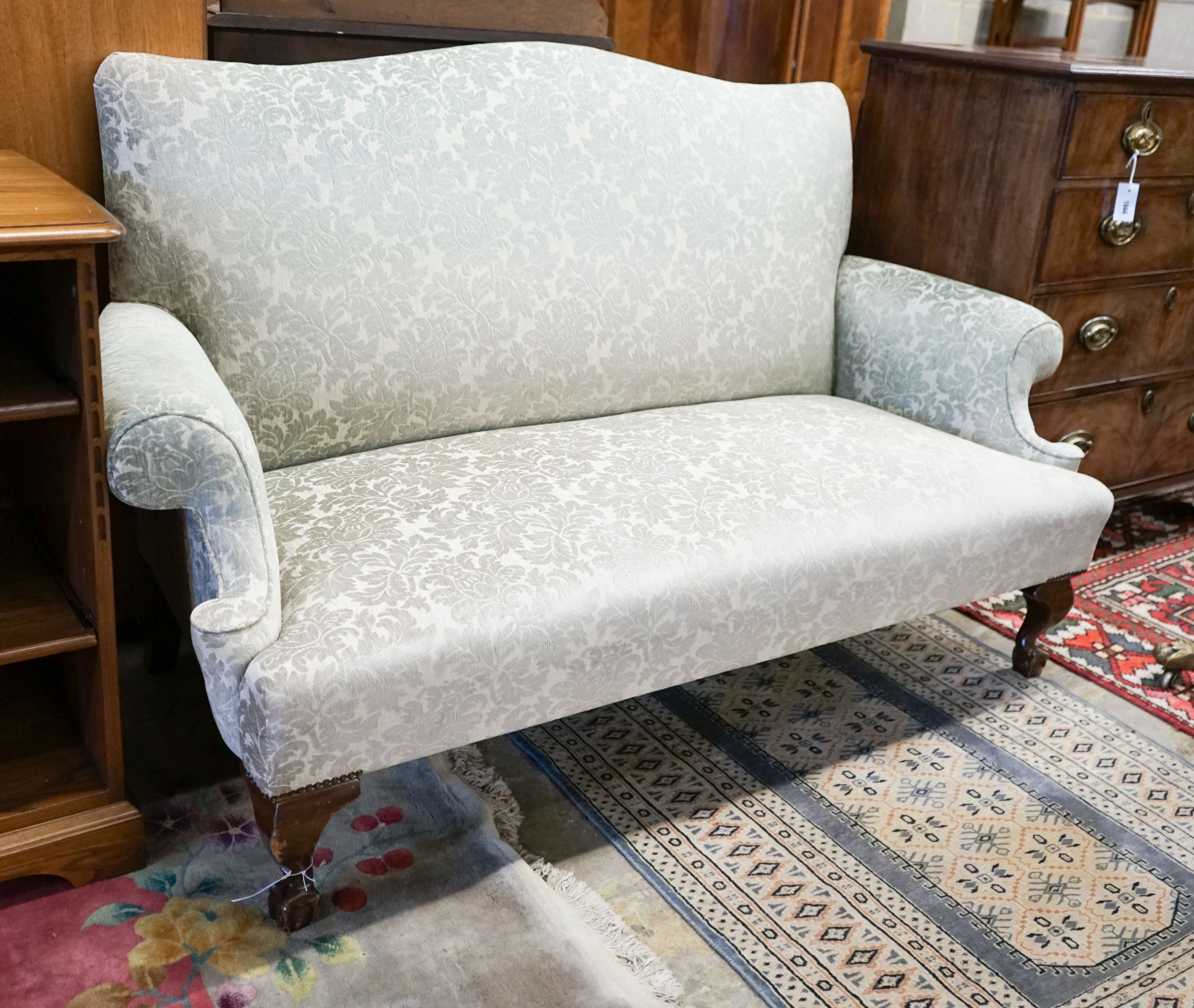 A George III style upholstered two seater settee, length 166cm, depth 72cm, height 99cm